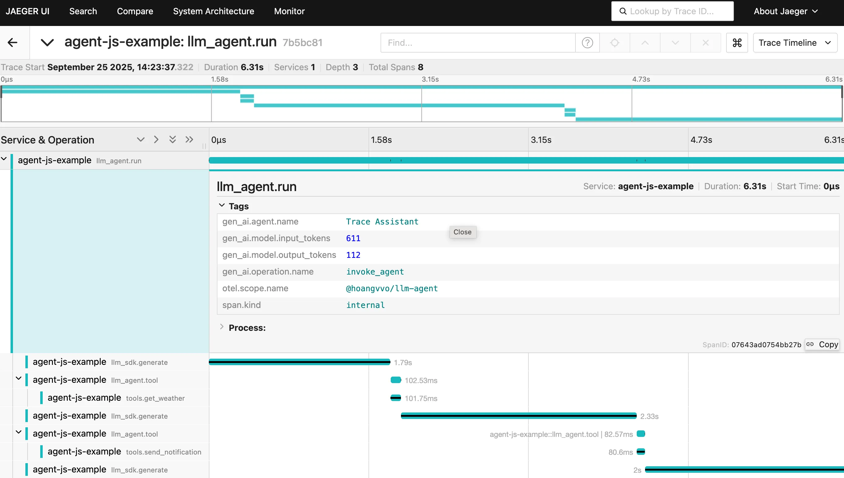 Tracing shown on Jaeger UI
